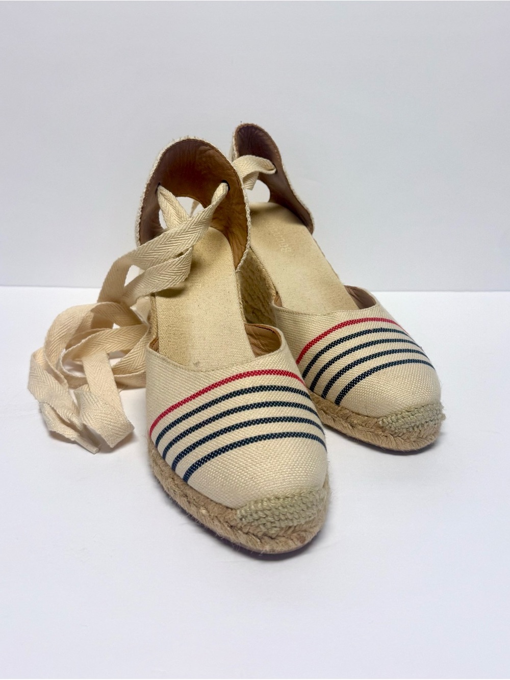 Soludos Canvas Espadrille Wedge with Ribbon Tie - Cream with Navy & Red Stripes
